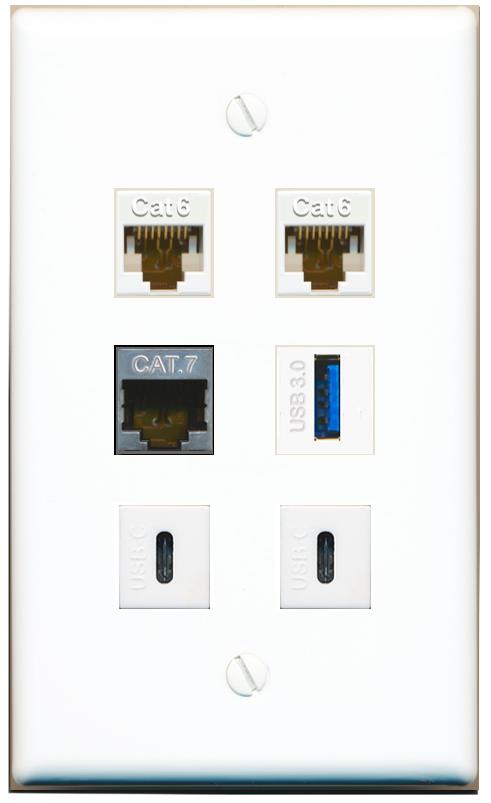  2 CAT6 CAT7 USB-3 2 USBC Flat/Solid Wall Plate [White]