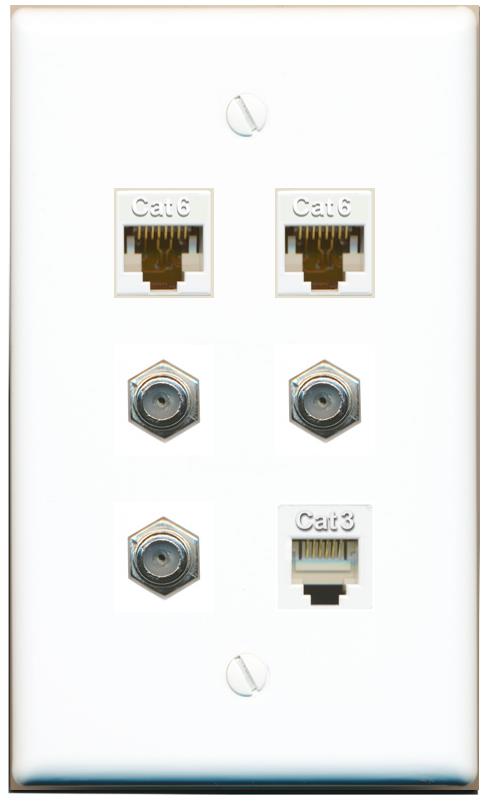  2 CAT6 3 COAX PHONE Flat/Solid Wall Plate [White]