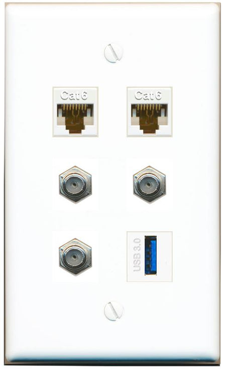  2 CAT6 3 COAX USB-3 Flat/Solid Wall Plate [White]