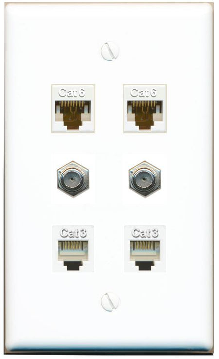  2 CAT6 2 COAX 2 PHONE Flat/Solid Wall Plate [White]