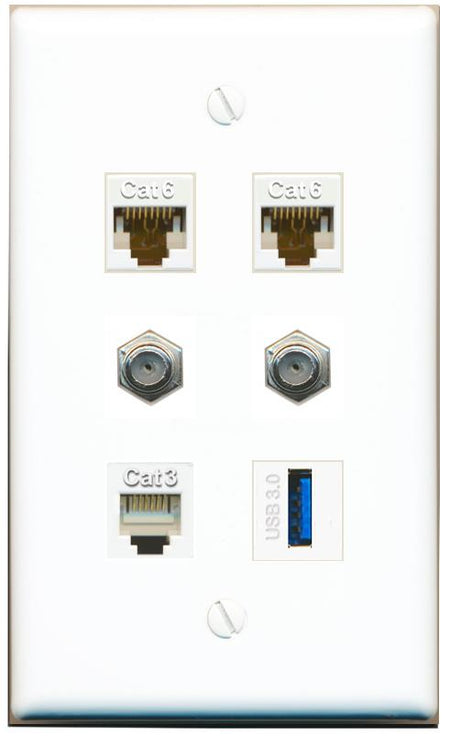  2 CAT6 2 COAX PHONE USB-3 Flat/Solid Wall Plate [White]