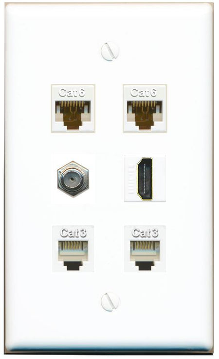  2 CAT6 COAX HDMI 2 PHONE Flat/Solid Wall Plate [White]