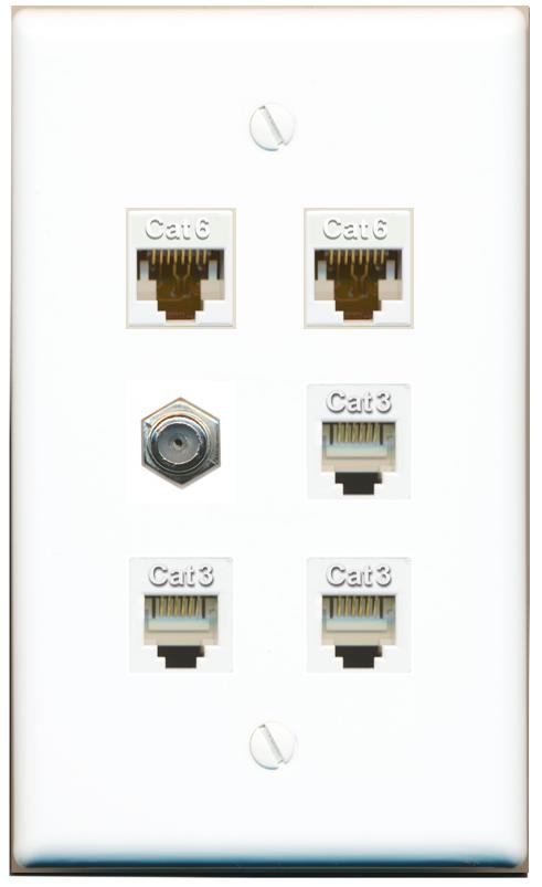  2 CAT6 COAX 3 PHONE Flat/Solid Wall Plate [White]