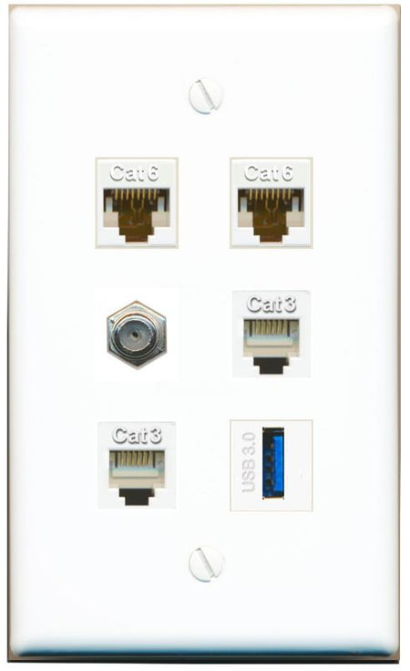  2 CAT6 COAX 2 PHONE USB-3 Flat/Solid Wall Plate [White]