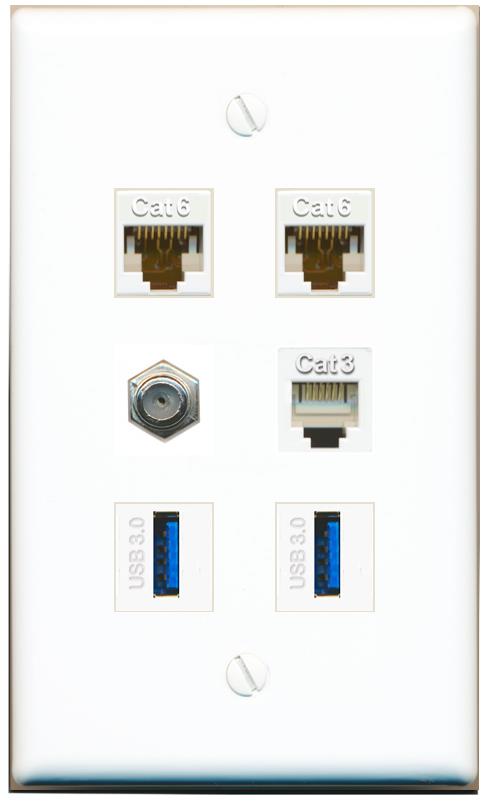  2 CAT6 COAX PHONE 2 USB-3 Flat/Solid Wall Plate [White]
