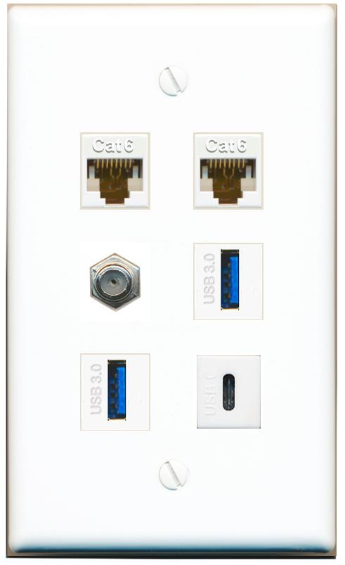  2 CAT6 COAX 2 USB-3 USBC Flat/Solid Wall Plate [White]