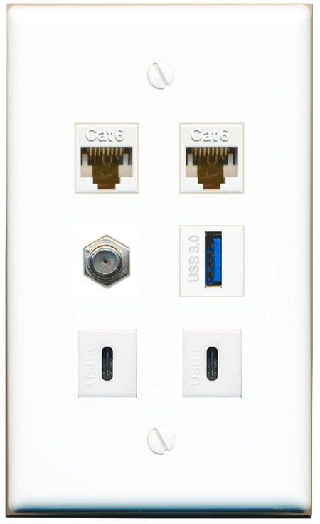  2 CAT6 COAX USB-3 2 USBC Flat/Solid Wall Plate [White]