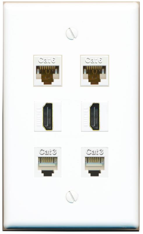  2 CAT6 2 HDMI 2 PHONE Flat/Solid Wall Plate [White]