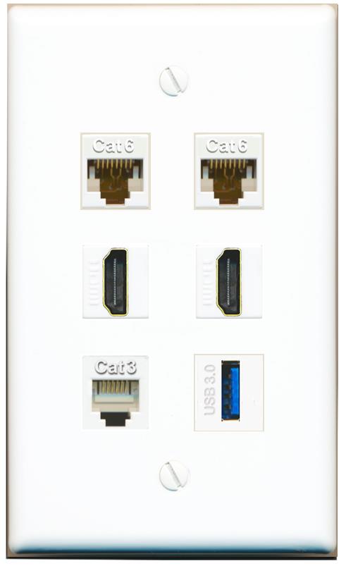  2 CAT6 2 HDMI PHONE USB-3 Flat/Solid Wall Plate [White]