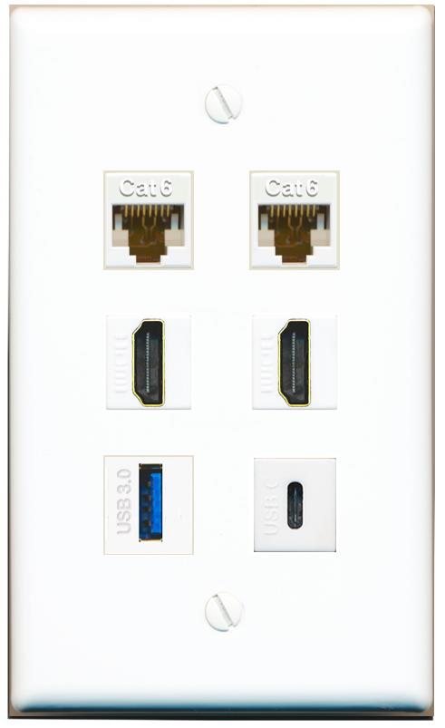  2 CAT6 2 HDMI USB-3 USBC Flat/Solid Wall Plate [White]