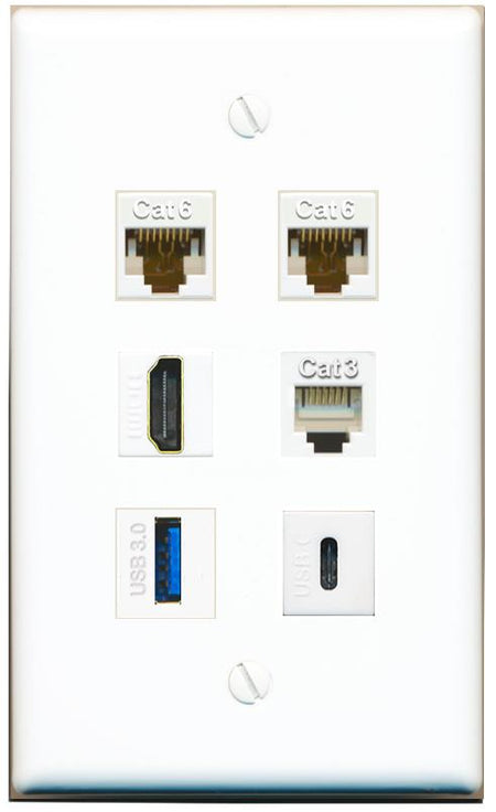  2 CAT6 HDMI PHONE USB-3 USBC Flat/Solid Wall Plate [White]