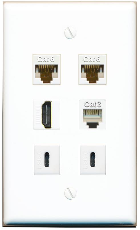  2 CAT6 HDMI PHONE 2 USBC Flat/Solid Wall Plate [White]