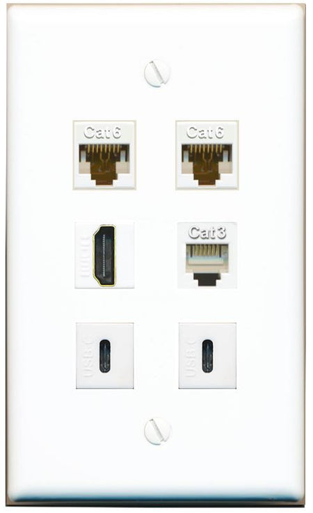  2 CAT6 HDMI PHONE 2 USBC Flat/Solid Wall Plate [White]