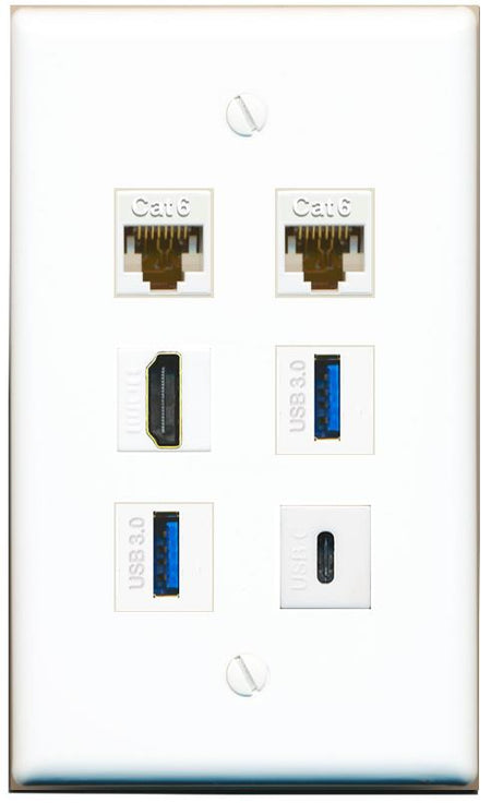  2 CAT6 HDMI 2 USB-3 USBC Flat/Solid Wall Plate [White]