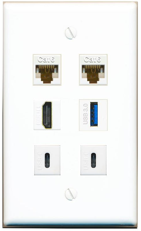  2 CAT6 HDMI USB-3 2 USBC Flat/Solid Wall Plate [White]
