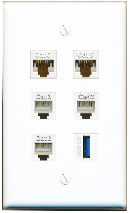 2 CAT6 3 PHONE USB-3 Flat/Solid Wall Plate [White]