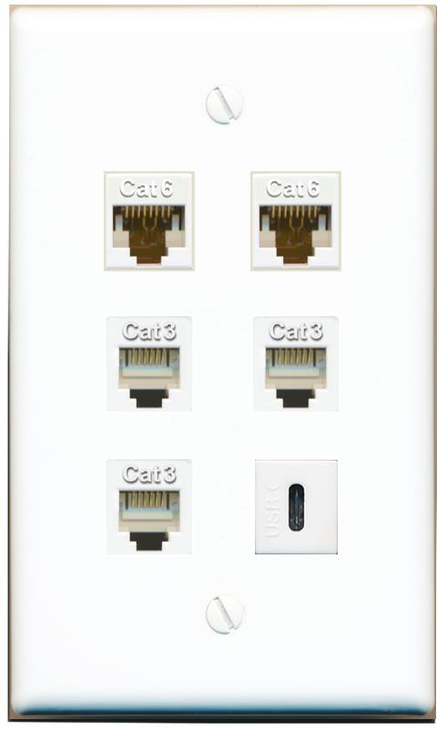  2 CAT6 3 PHONE USBC Flat/Solid Wall Plate [White]