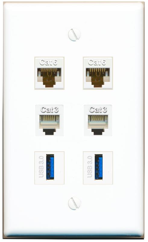  2 CAT6 2 PHONE 2 USB-3 Flat/Solid Wall Plate [White]