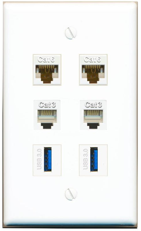  2 CAT6 2 PHONE 2 USB-3 Flat/Solid Wall Plate [White]