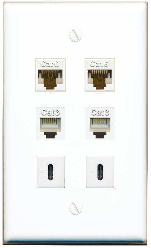  2 CAT6 2 PHONE 2 USBC Flat/Solid Wall Plate [White]