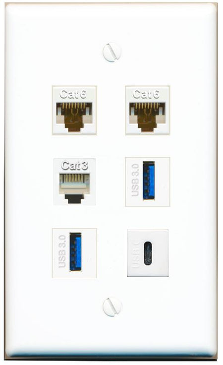  2 CAT6 PHONE 2 USB-3 USBC Flat/Solid Wall Plate [White]