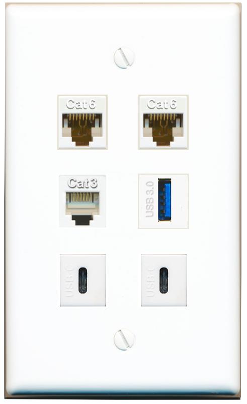  2 CAT6 PHONE USB-3 2 USBC Flat/Solid Wall Plate [White]
