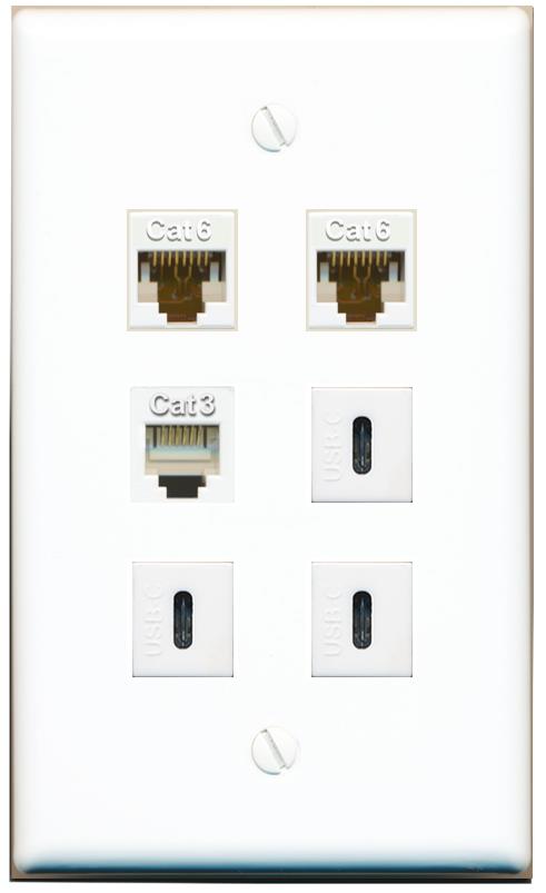  2 CAT6 PHONE 3 USBC Flat/Solid Wall Plate [White]