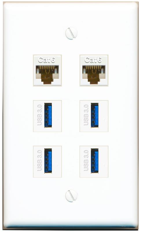  2 CAT6 4 USB-3 Flat/Solid Wall Plate [White]