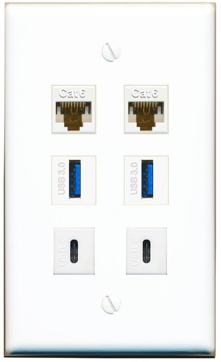  2 CAT6 2 USB-3 2 USBC Flat/Solid Wall Plate [White]