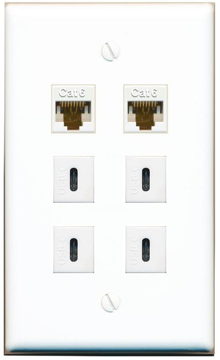  2 CAT6 4 USBC Flat/Solid Wall Plate [White]