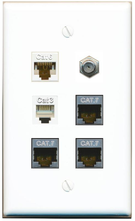  CAT6 3 CAT7 COAX PHONE Flat/Solid Wall Plate [White]