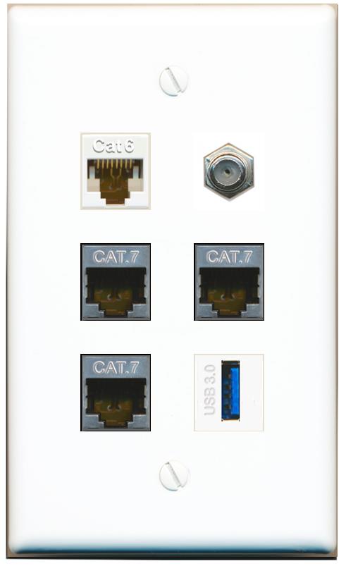  CAT6 3 CAT7 COAX USB-3 Flat/Solid Wall Plate [White]
