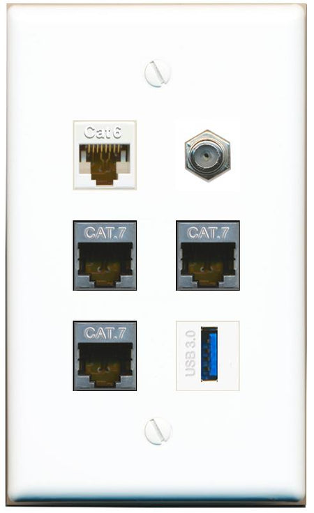  CAT6 3 CAT7 COAX USB-3 Flat/Solid Wall Plate [White]