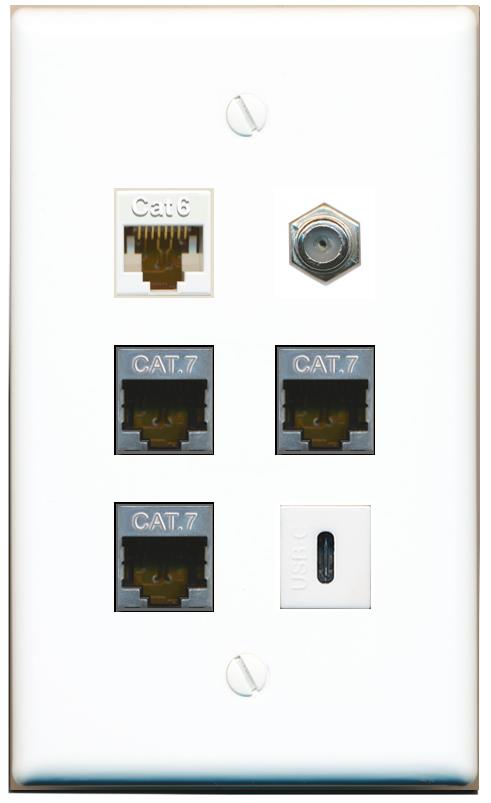  CAT6 3 CAT7 COAX USBC Flat/Solid Wall Plate [White]
