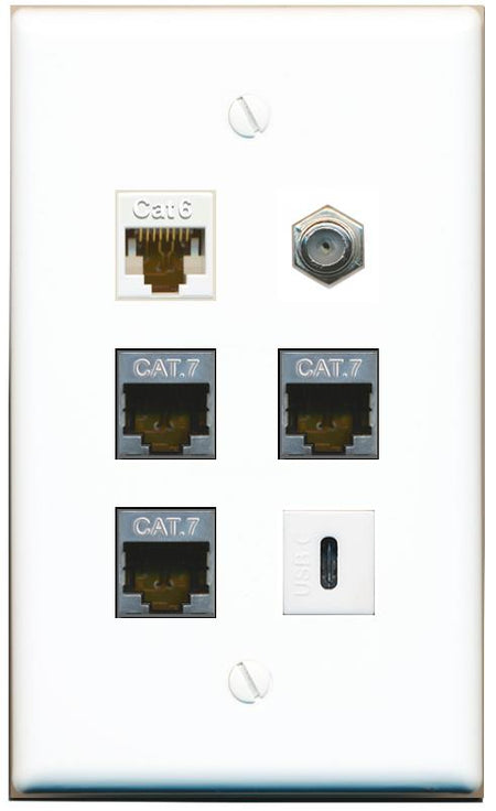  CAT6 3 CAT7 COAX USBC Flat/Solid Wall Plate [White]