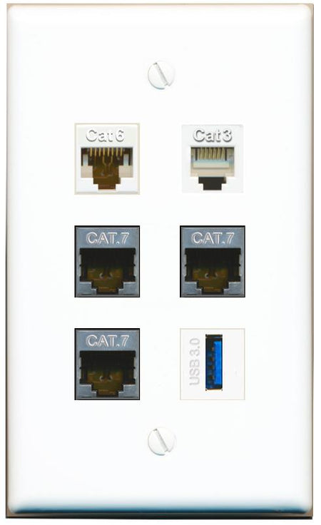  CAT6 3 CAT7 PHONE USB-3 Flat/Solid Wall Plate [White]