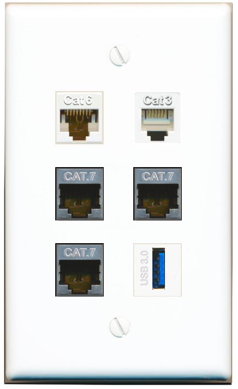  CAT6 3 CAT7 PHONE USB-3 Flat/Solid Wall Plate [White]