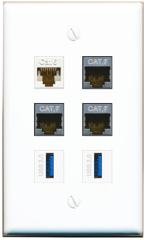  CAT6 3 CAT7 2 USB-3 Flat/Solid Wall Plate [White]