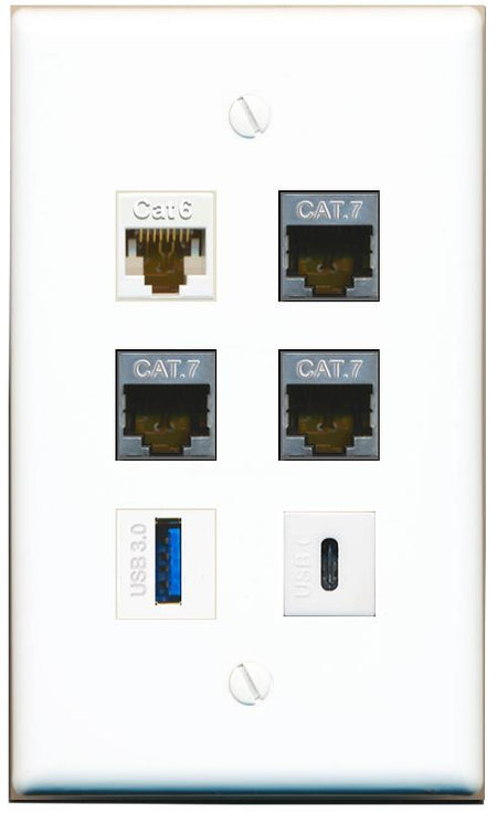  CAT6 3 CAT7 USB-3 USBC Flat/Solid Wall Plate [White]
