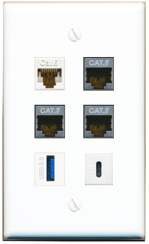  CAT6 3 CAT7 USB-3 USBC Flat/Solid Wall Plate [White]