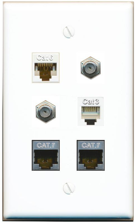  CAT6 2 CAT7 2 COAX PHONE Flat/Solid Wall Plate [White]