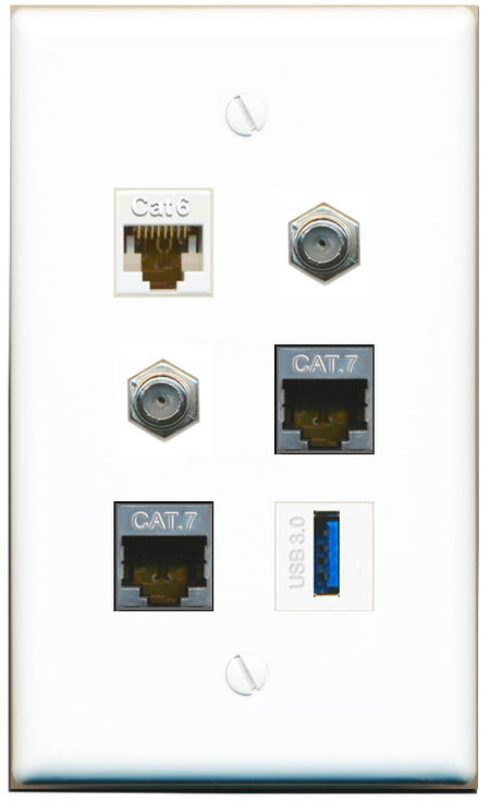  CAT6 2 CAT7 2 COAX USB-3 Flat/Solid Wall Plate [White]