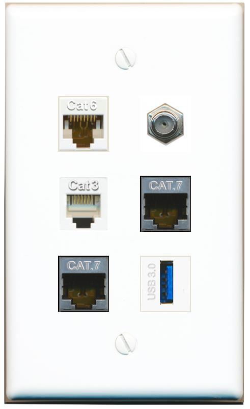  CAT6 2 CAT7 COAX PHONE USB-3 Flat/Solid Wall Plate [White]