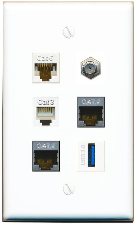  CAT6 2 CAT7 COAX PHONE USB-3 Flat/Solid Wall Plate [White]