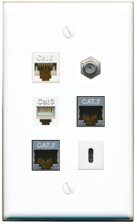  CAT6 2 CAT7 COAX PHONE USBC Flat/Solid Wall Plate [White]