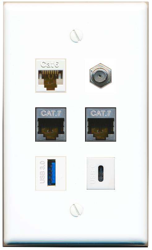  CAT6 2 CAT7 COAX USB-3 USBC Flat/Solid Wall Plate [White]