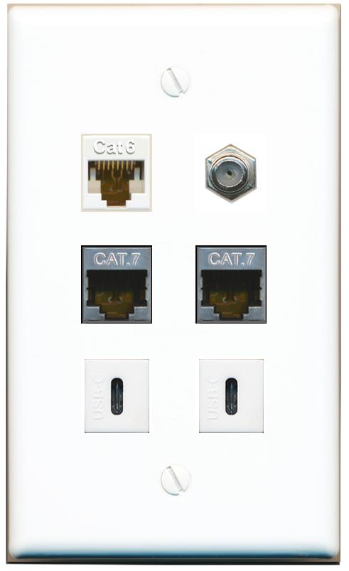  CAT6 2 CAT7 COAX 2 USBC Flat/Solid Wall Plate [White]