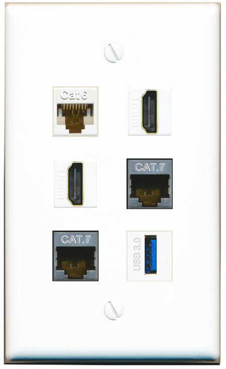  CAT6 2 CAT7 2 HDMI USB-3 Flat/Solid Wall Plate [White]