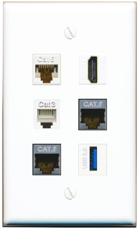  CAT6 2 CAT7 HDMI PHONE USB-3 Flat/Solid Wall Plate [White]