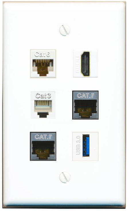  CAT6 2 CAT7 HDMI PHONE USB-3 Flat/Solid Wall Plate [White]